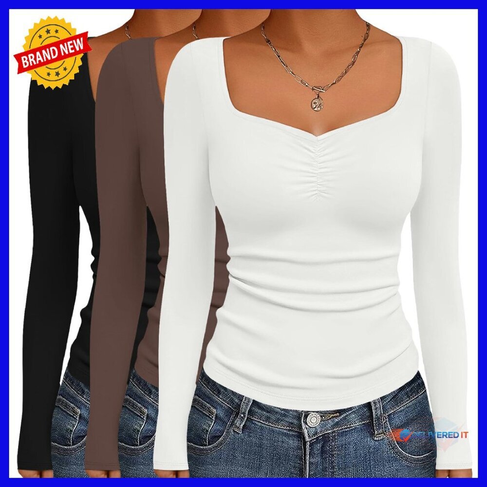 3-Pack Long Sleeve Sweetheart Neck Fitted Tees - Soft Layering Essential